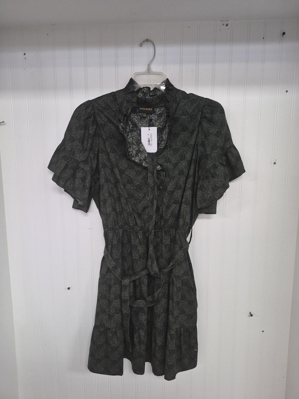 1019- Dark GREEN Floral Puff-Sleeve Tie-Waist Dress